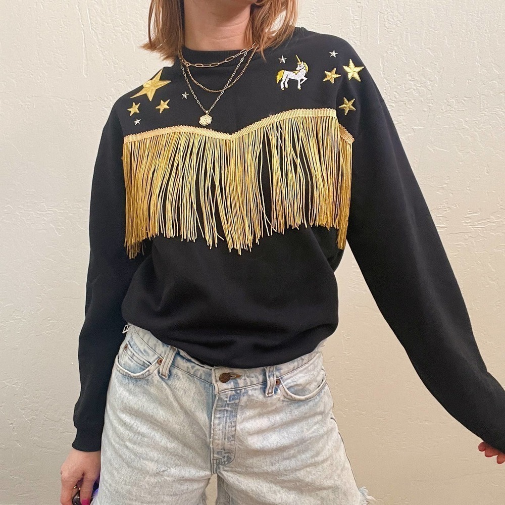 Black Unicorn Star Embroidered Gold Fringe Crewneck Sweatshirt